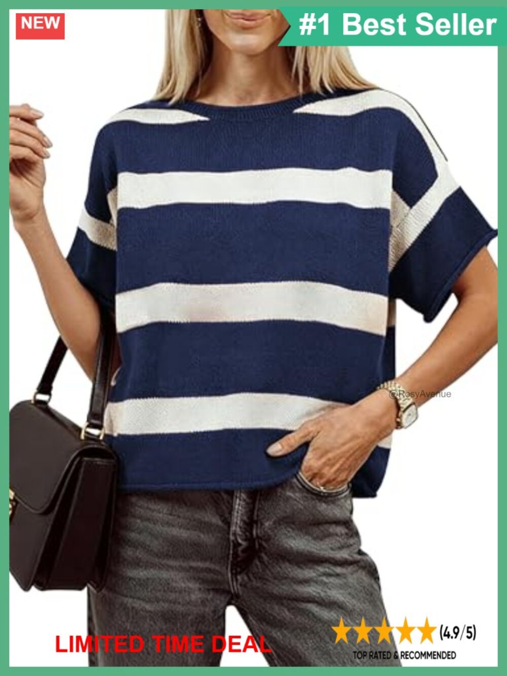 Striped Short Sleeve Knit Sweater Women Crewneck Boxy Pullover Top